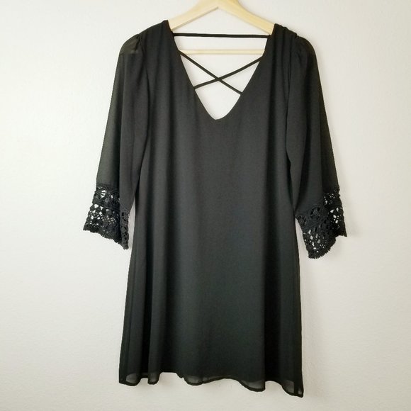 Want and Need Crochet Sleeve Shift Dress Black - Picture 1 of 14